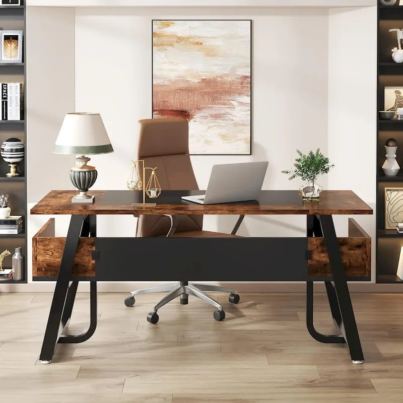 Grand Bureau de Direction 63 Pouces avec Étagère de Rangement, Gris et Marron