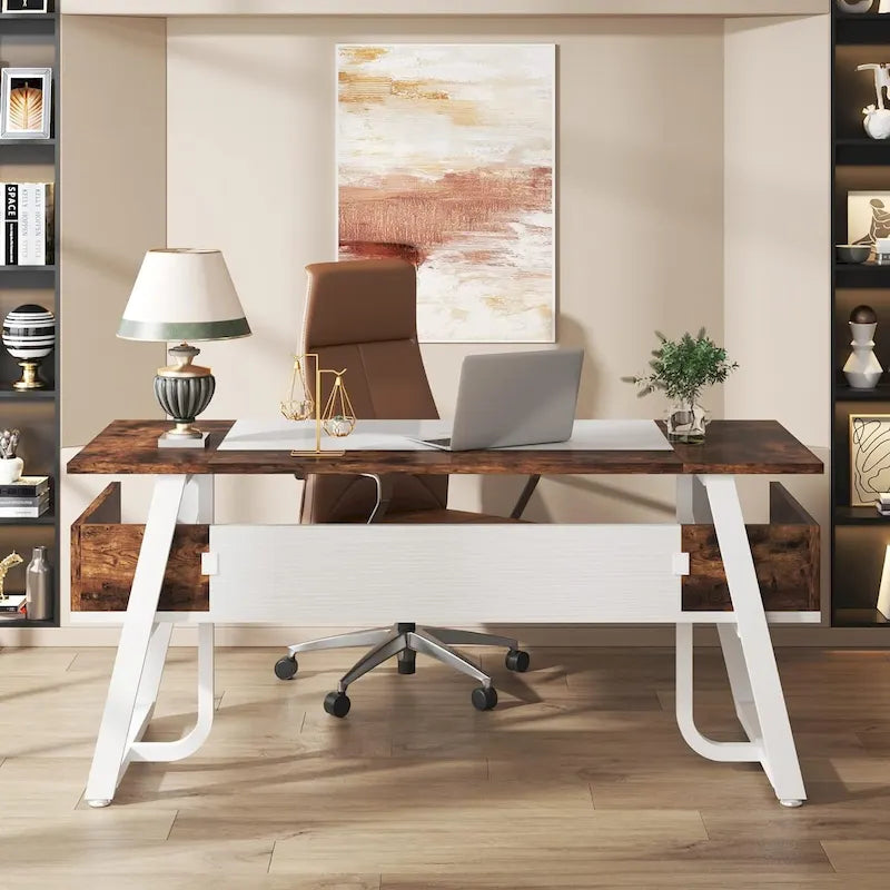 Grand Bureau de Direction 63 Pouces avec Étagère de Rangement, Gris et Marron