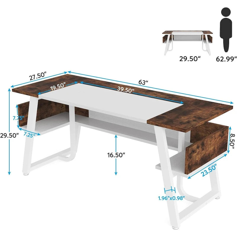 Grand Bureau de Direction 63 Pouces avec Étagère de Rangement, Gris et Marron