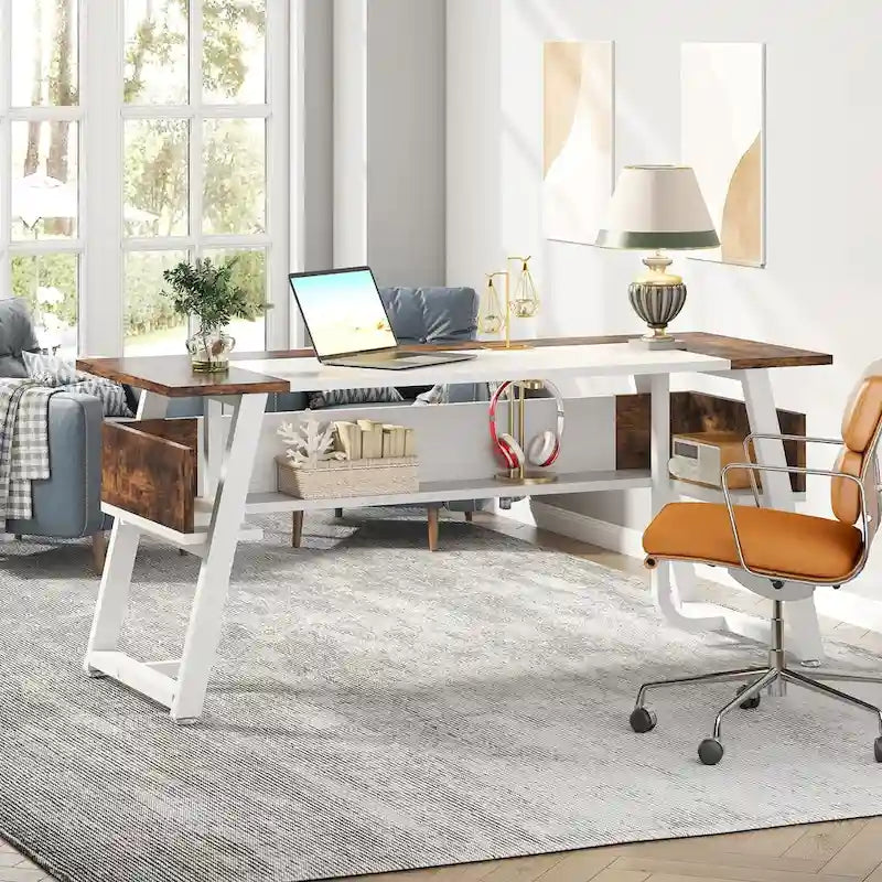 Grand Bureau de Direction 63 Pouces avec Étagère de Rangement, Gris et Marron