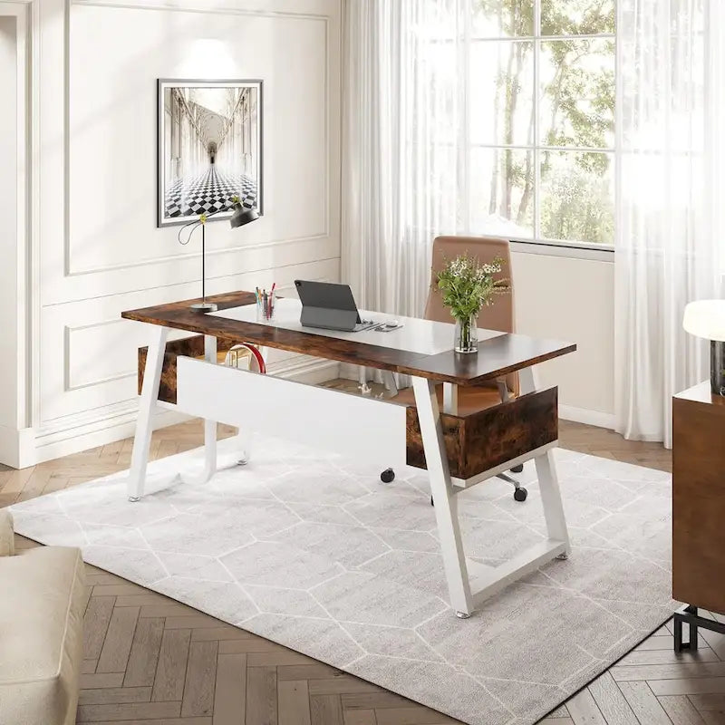 Grand Bureau de Direction 63 Pouces avec Étagère de Rangement, Gris et Marron