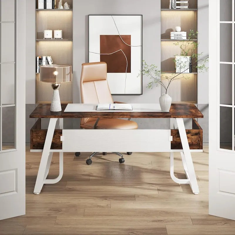 Grand Bureau de Direction 63 Pouces avec Étagère de Rangement, Gris et Marron
