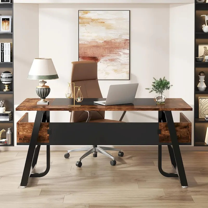 Grand Bureau de Direction 63 Pouces avec Étagère de Rangement, Gris et Marron