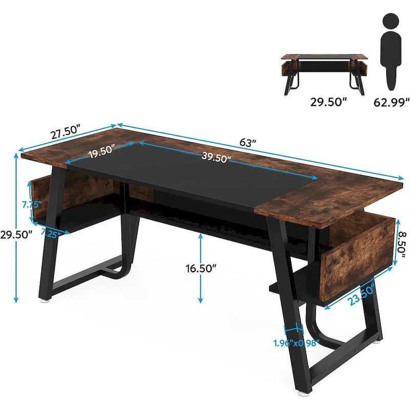 Grand Bureau de Direction 63 Pouces avec Étagère de Rangement, Gris et Marron