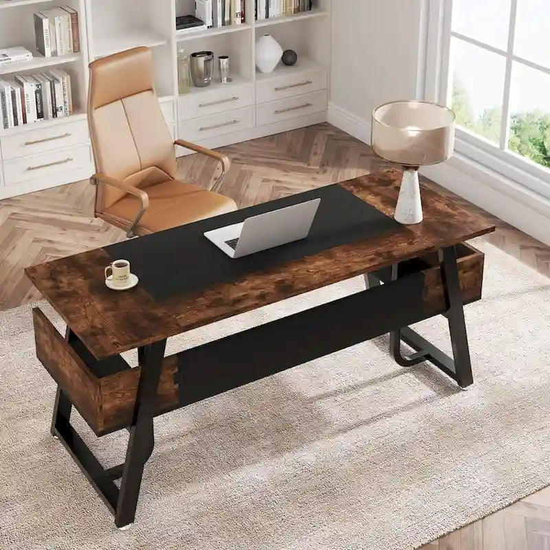Grand Bureau de Direction 63 Pouces avec Étagère de Rangement, Gris et Marron