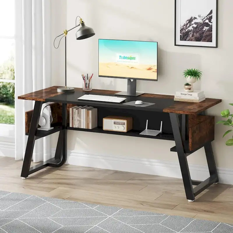 Grand Bureau de Direction 63 Pouces avec Étagère de Rangement, Gris et Marron