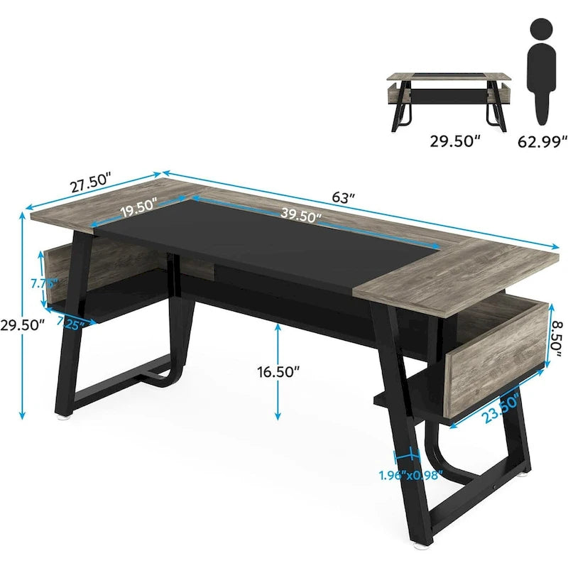 Grand Bureau de Direction 63 Pouces avec Étagère de Rangement, Gris et Marron