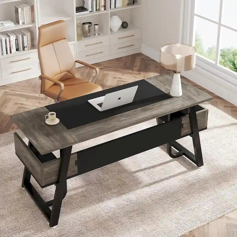 Grand Bureau de Direction 63 Pouces avec Étagère de Rangement, Gris et Marron