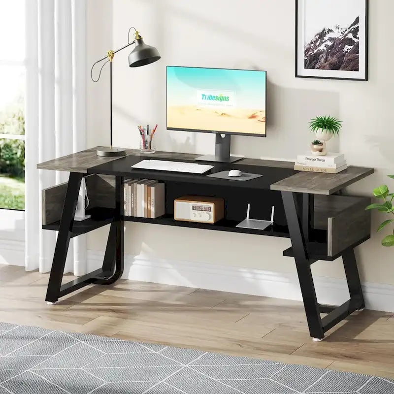Grand Bureau de Direction 63 Pouces avec Étagère de Rangement, Gris et Marron