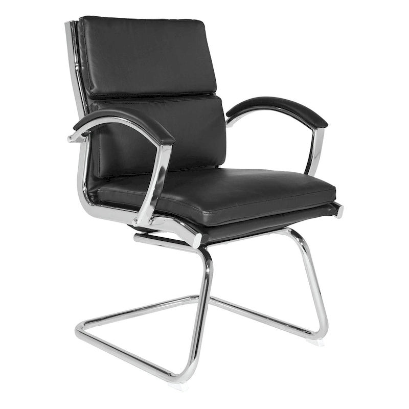 Fauteuil visiteur mi-dossier en similicuir avec accoudoirs rembourrés et piètement luge chromé