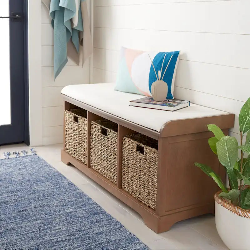 Banc de rangement de ferme avec coussin d'assise et trois paniers tressés