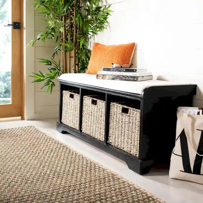 Banc de rangement de ferme avec coussin d'assise et trois paniers tressés