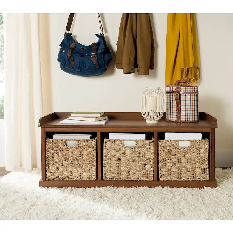 Banc de rangement de ferme avec coussin d'assise et trois paniers tressés