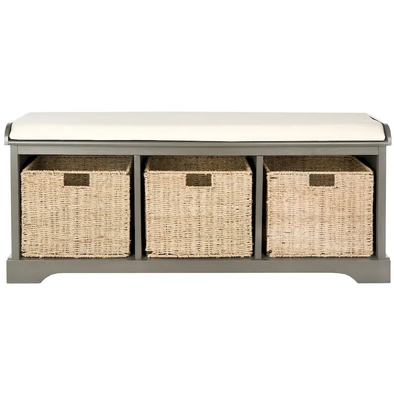 Banc de rangement de ferme avec coussin d'assise et trois paniers tressés