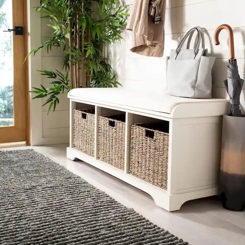 Banc de rangement de ferme avec coussin d'assise et trois paniers tressés