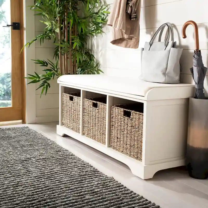 Banc de rangement de ferme avec coussin d'assise et trois paniers tressés