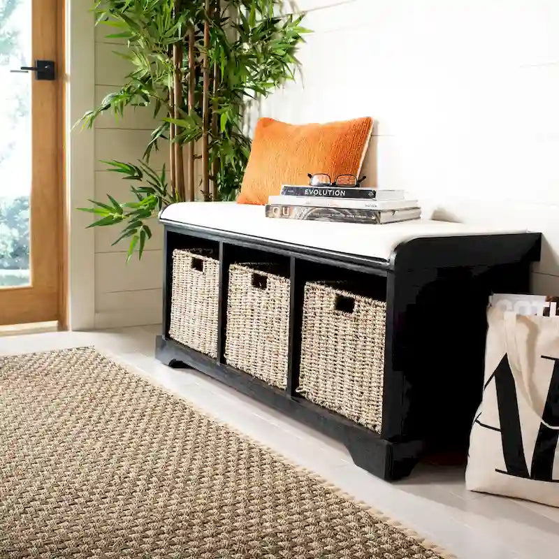 Banc de rangement de ferme avec coussin d'assise et trois paniers tressés