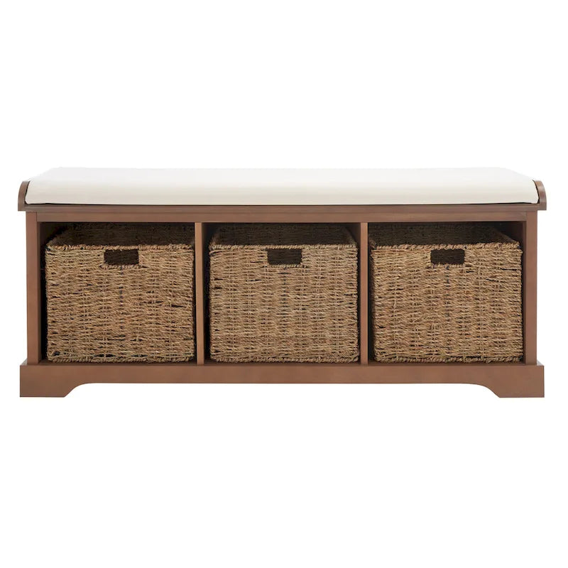 Banc de rangement de ferme avec coussin d'assise et trois paniers tressés
