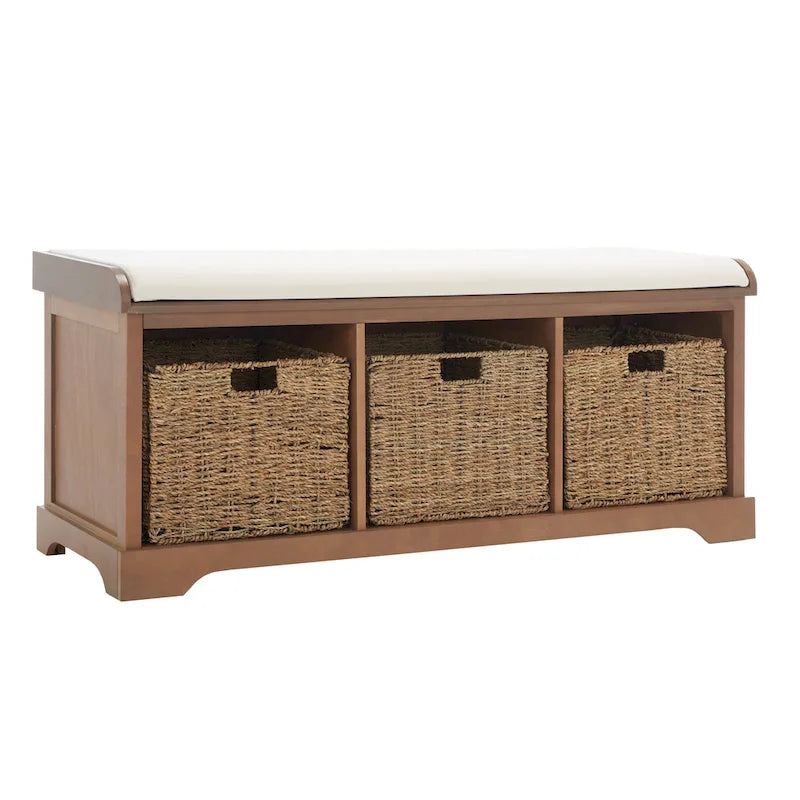 Banc de rangement de ferme avec coussin d'assise et trois paniers tressés