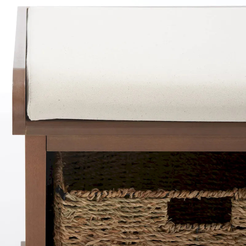 Banc de rangement de ferme avec coussin d'assise et trois paniers tressés