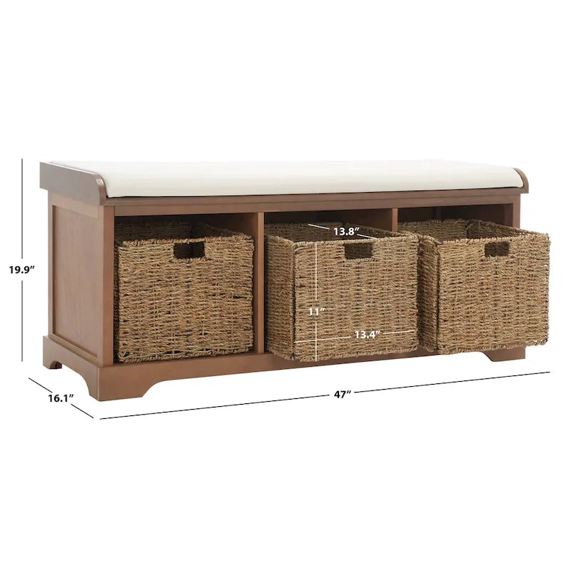 Banc de rangement de ferme avec coussin d'assise et trois paniers tressés