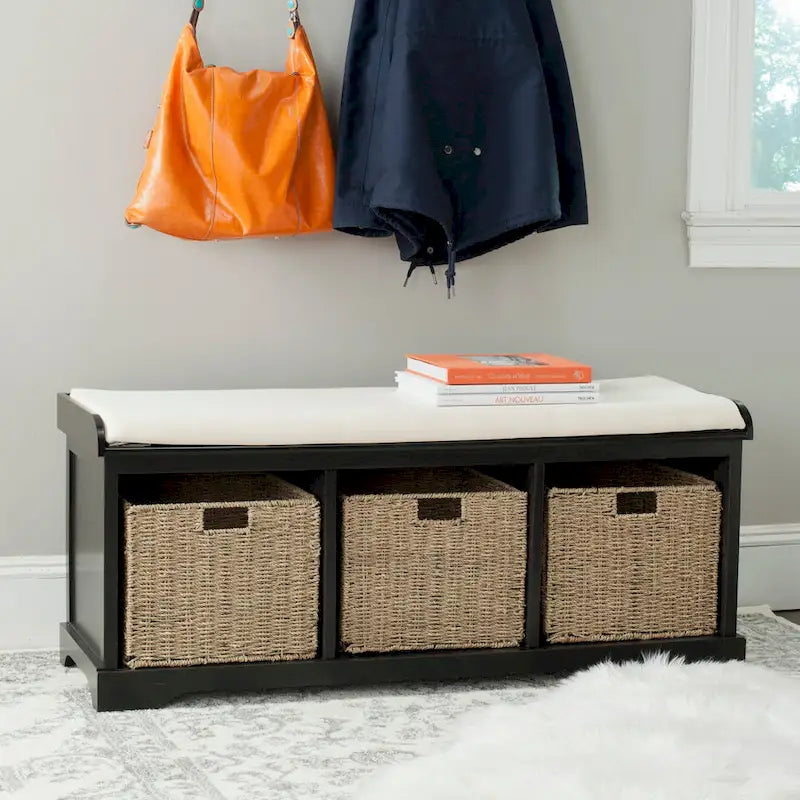 Banc de rangement de ferme avec coussin d'assise et trois paniers tressés
