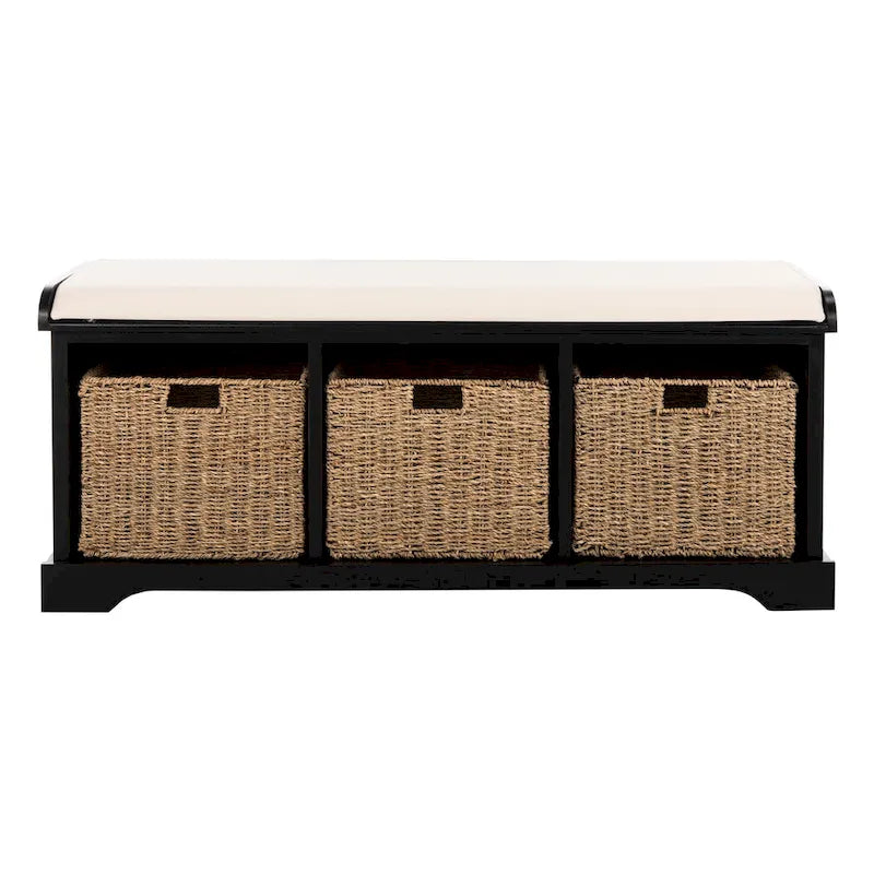 Banc de rangement de ferme avec coussin d'assise et trois paniers tressés