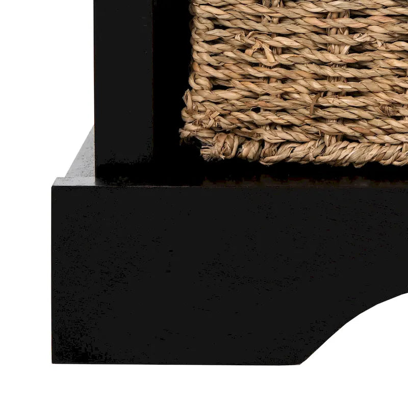 Banc de rangement de ferme avec coussin d'assise et trois paniers tressés