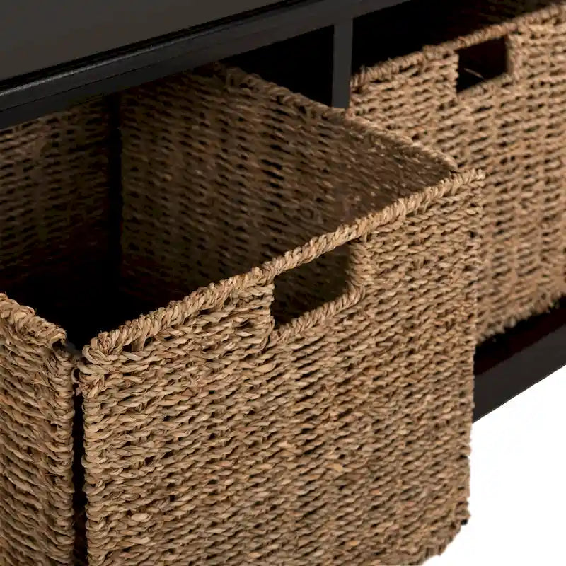 Banc de rangement de ferme avec coussin d'assise et trois paniers tressés