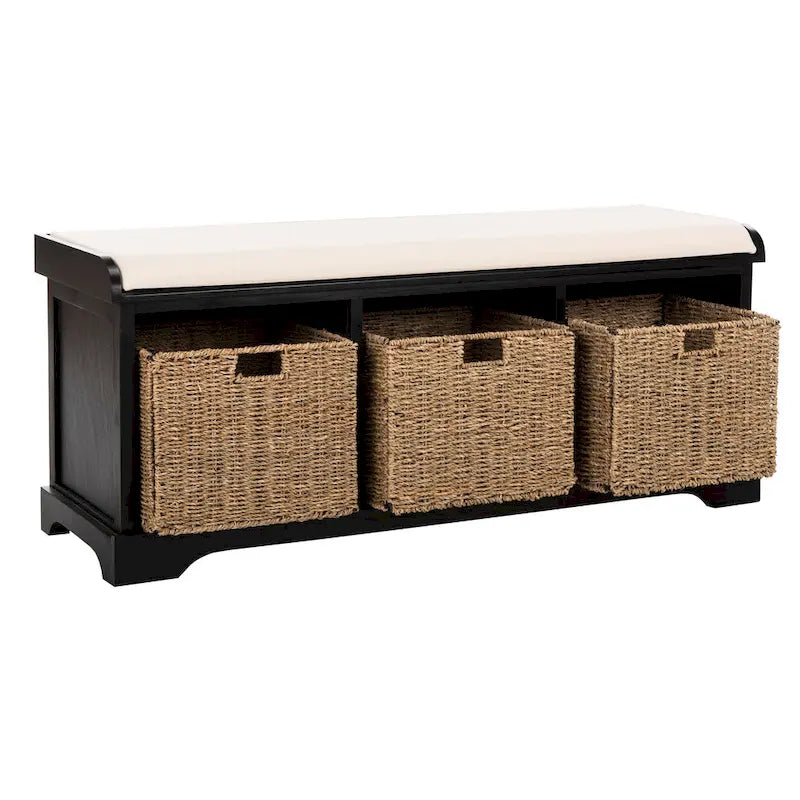 Banc de rangement de ferme avec coussin d'assise et trois paniers tressés