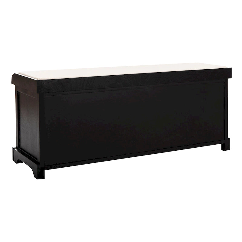 Banc de rangement de ferme avec coussin d'assise et trois paniers tressés