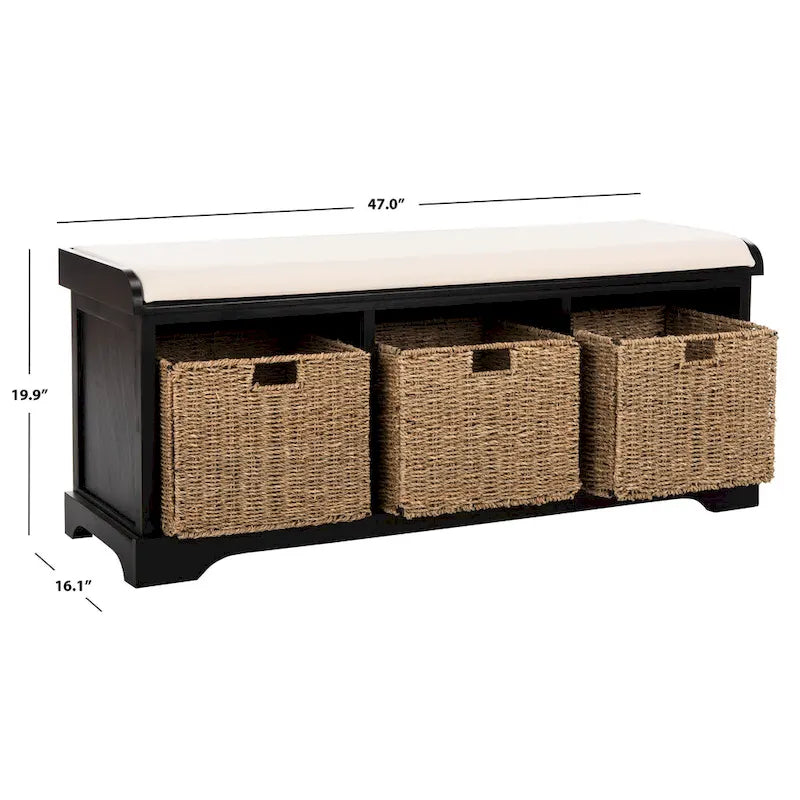 Banc de rangement de ferme avec coussin d'assise et trois paniers tressés
