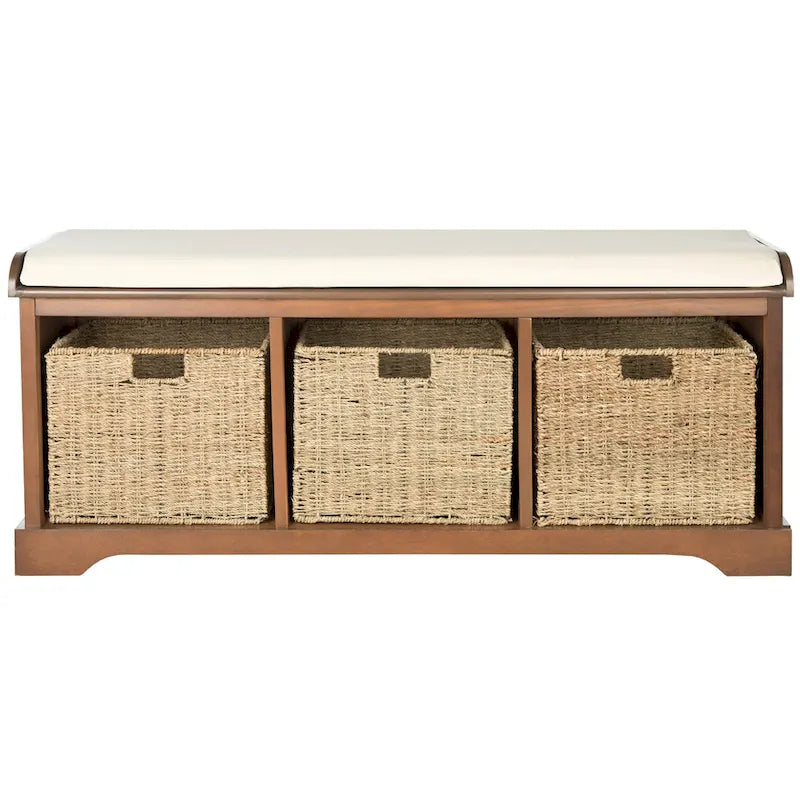 Banc de rangement de ferme avec coussin d'assise et trois paniers tressés