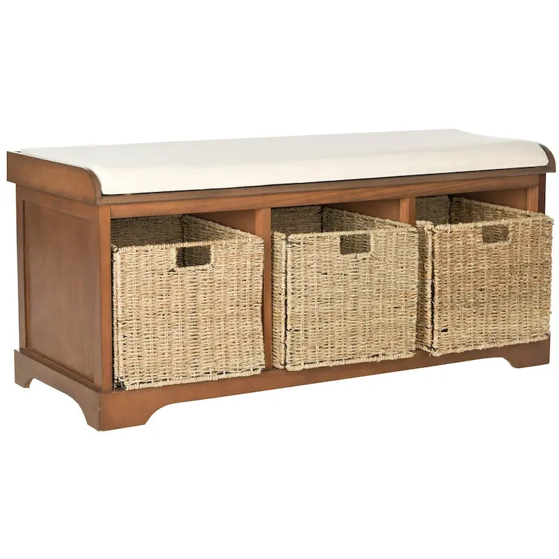 Banc de rangement de ferme avec coussin d'assise et trois paniers tressés