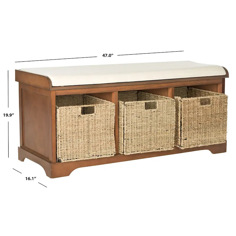 Banc de rangement de ferme avec coussin d'assise et trois paniers tressés