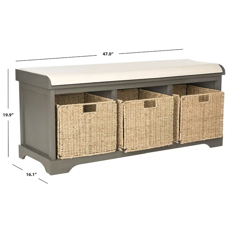 Banc de rangement de ferme avec coussin d'assise et trois paniers tressés