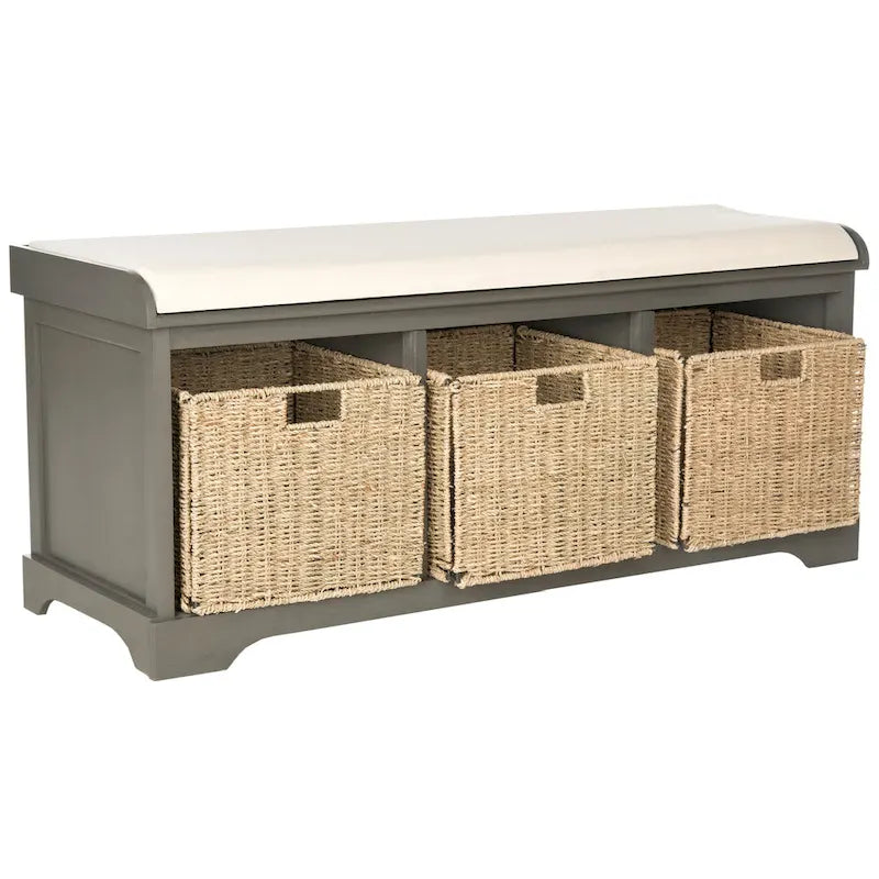 Banc de rangement de ferme avec coussin d'assise et trois paniers tressés