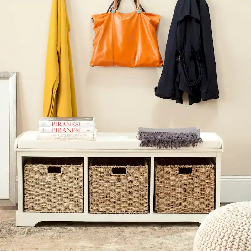 Banc de rangement de ferme avec coussin d'assise et trois paniers tressés