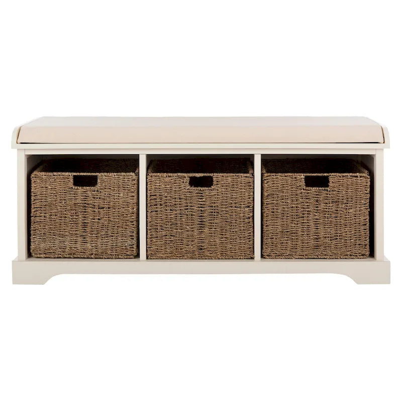 Banc de rangement de ferme avec coussin d'assise et trois paniers tressés