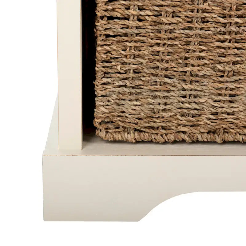 Banc de rangement de ferme avec coussin d'assise et trois paniers tressés