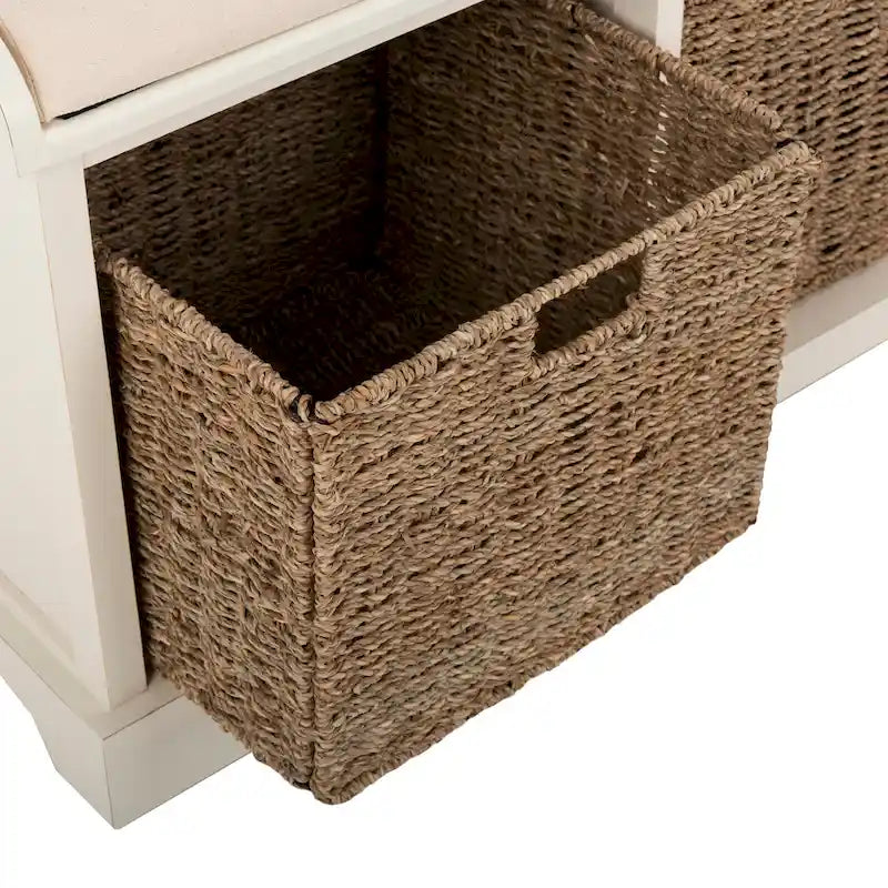 Banc de rangement de ferme avec coussin d'assise et trois paniers tressés