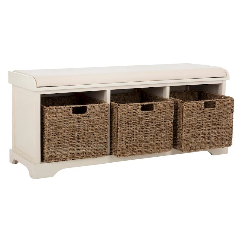 Banc de rangement de ferme avec coussin d'assise et trois paniers tressés