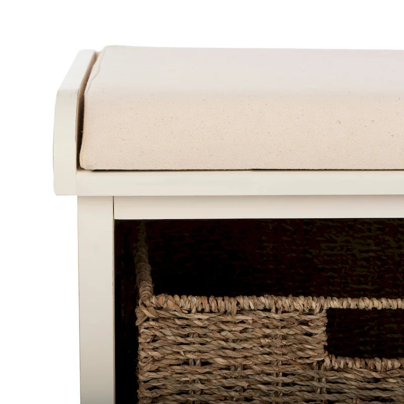 Banc de rangement de ferme avec coussin d'assise et trois paniers tressés