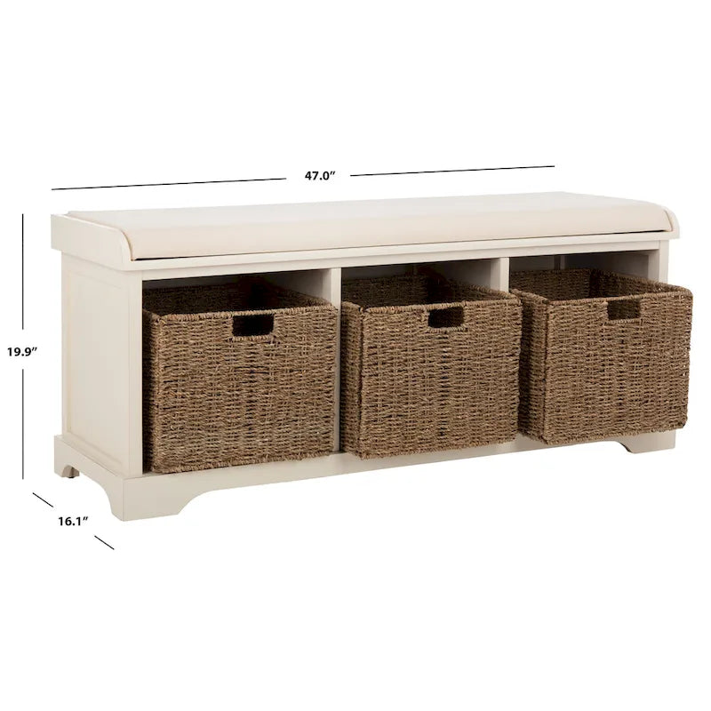 Banc de rangement de ferme avec coussin d'assise et trois paniers tressés