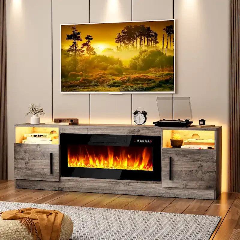Meuble TV de cheminée de 70 po avec foyer électrique de 36 po et lumières DEL 16 couleurs, noir