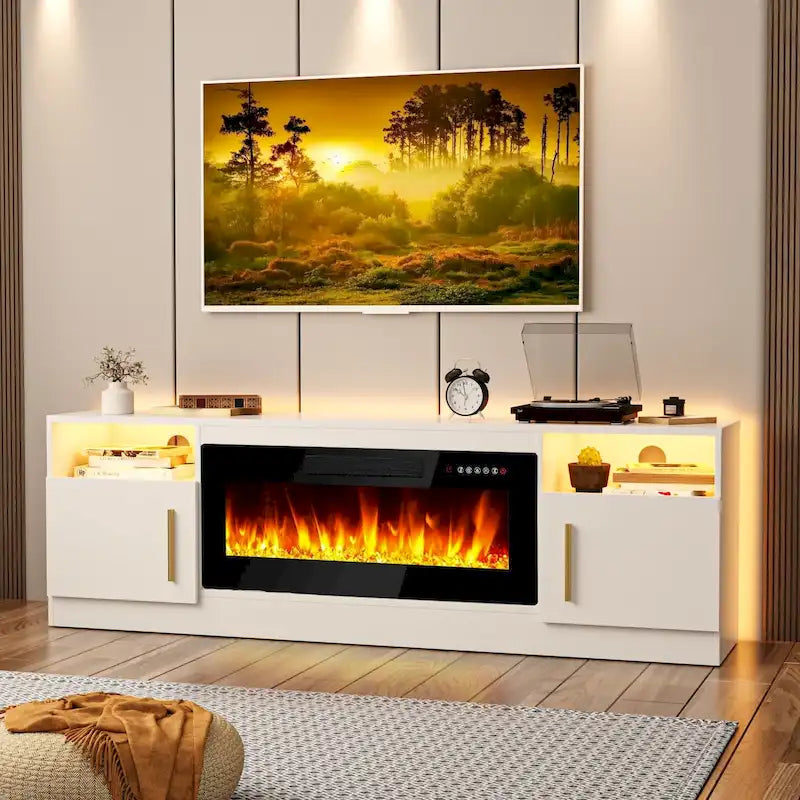 Meuble TV de cheminée de 70 po avec foyer électrique de 36 po et lumières DEL 16 couleurs, noir