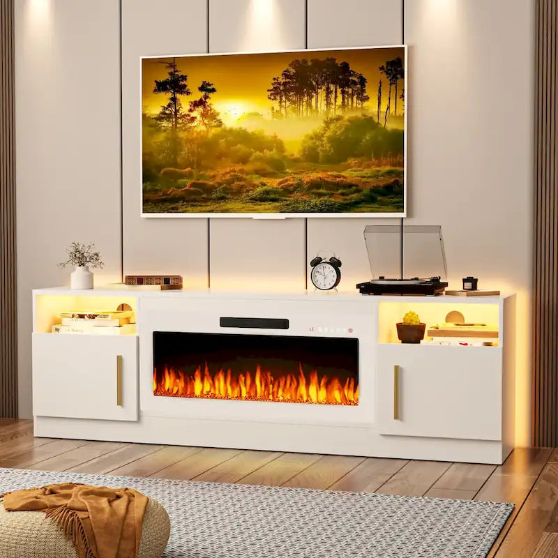 Meuble TV de cheminée de 70 po avec foyer électrique de 36 po et lumières DEL 16 couleurs, noir