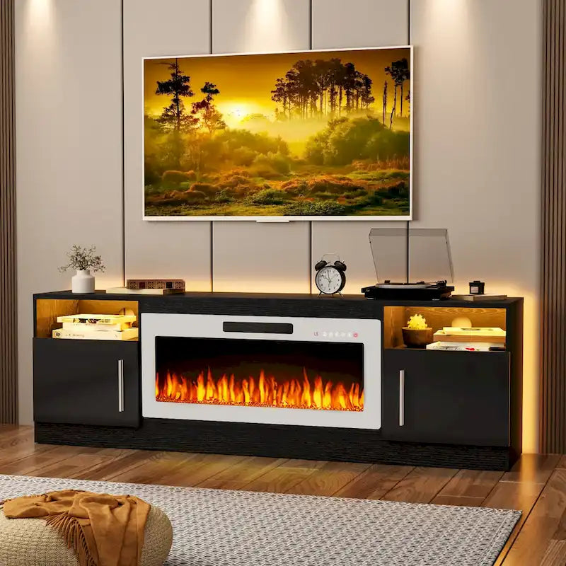 Meuble TV de cheminée de 70 po avec foyer électrique de 36 po et lumières DEL 16 couleurs, noir