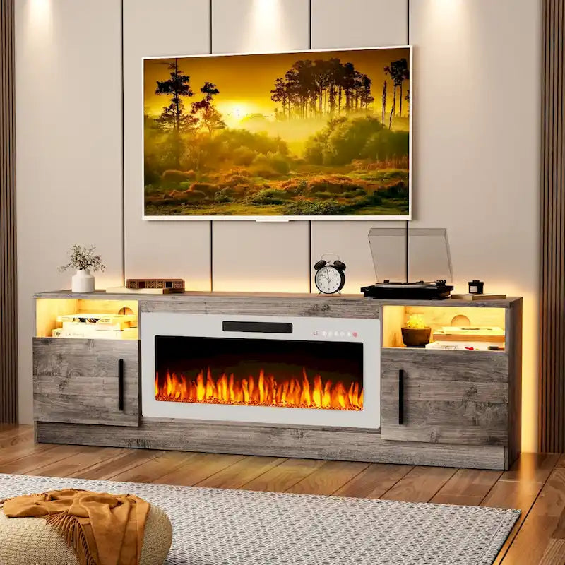 Meuble TV de cheminée de 70 po avec foyer électrique de 36 po et lumières DEL 16 couleurs, noir
