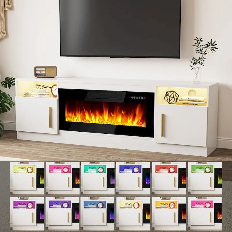 Meuble TV de cheminée de 70 po avec foyer électrique de 36 po et lumières DEL 16 couleurs, noir